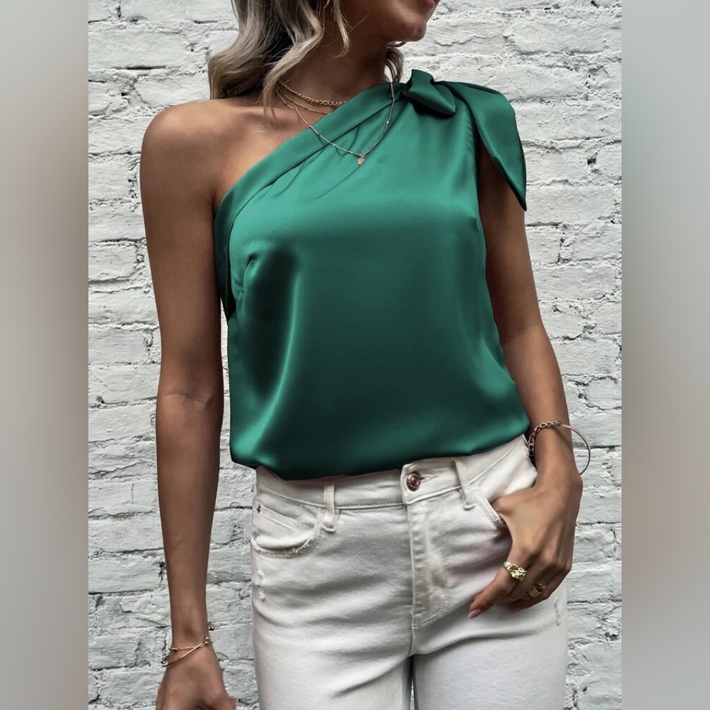 Knot Detail One Shoulder Satin Blouse By Shein - Picture 4 of 6